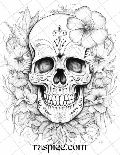 42 Floral Skull Grayscale Coloring Pages for Adults, Stress Relief Coloring Sheets, Printable PDF File Instant Download