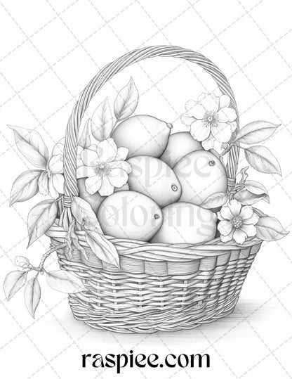 40 Fruit Basket Grayscale Coloring Pages Printable for Adults, PDF File Instant Download