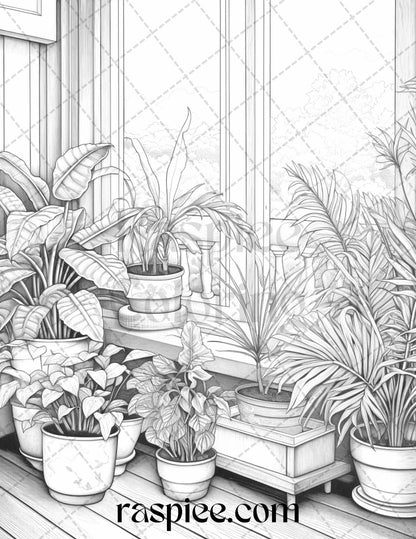 40 Window Plants Grayscale Coloring Pages Printable for Adults, PDF File Instant Download