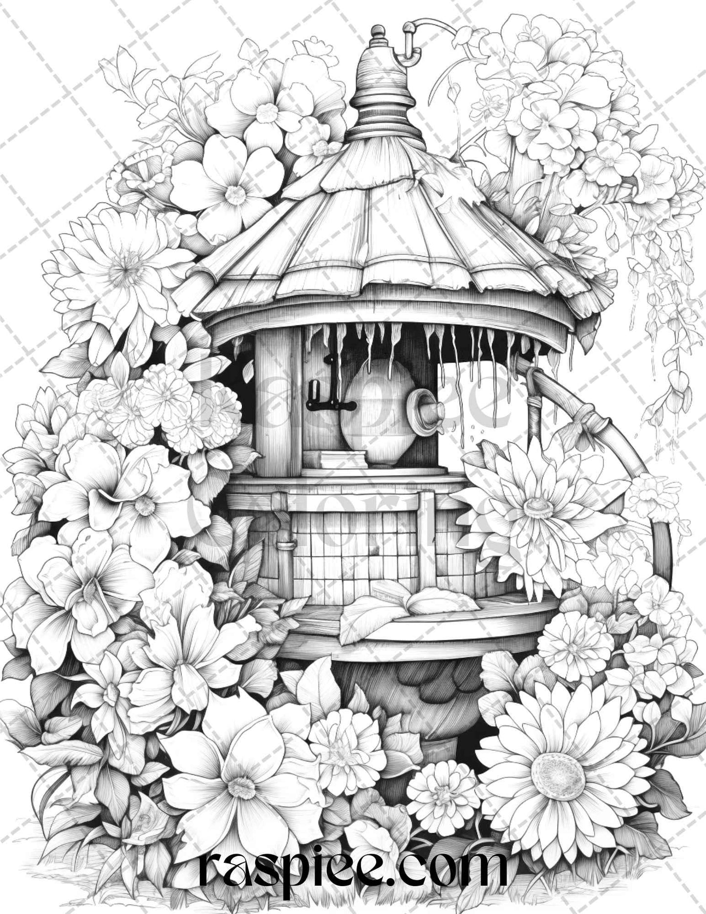 40 Whimsical Wishing Wells Grayscale Coloring Pages Printable for Adults, PDF File Instant Download