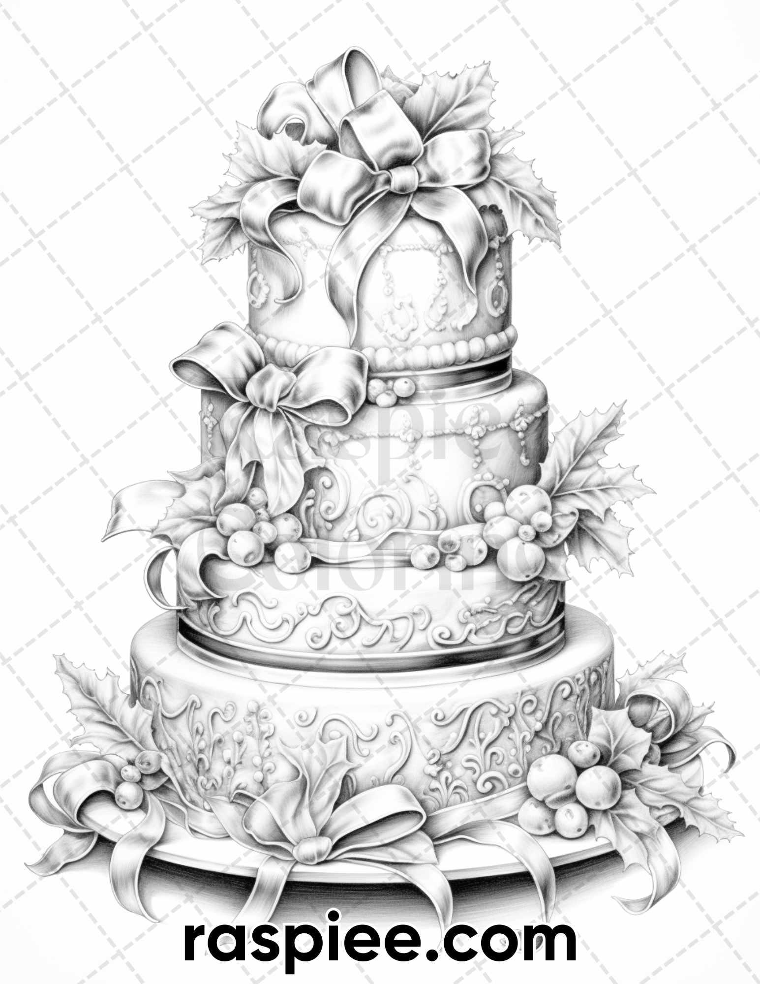 45 Christmas Cakes Grayscale Coloring Pages for Adults, Printable PDF File Instant Download