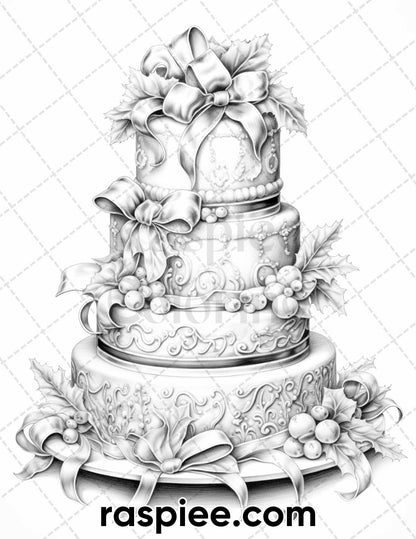 45 Christmas Cakes Grayscale Coloring Pages for Adults, Printable PDF File Instant Download