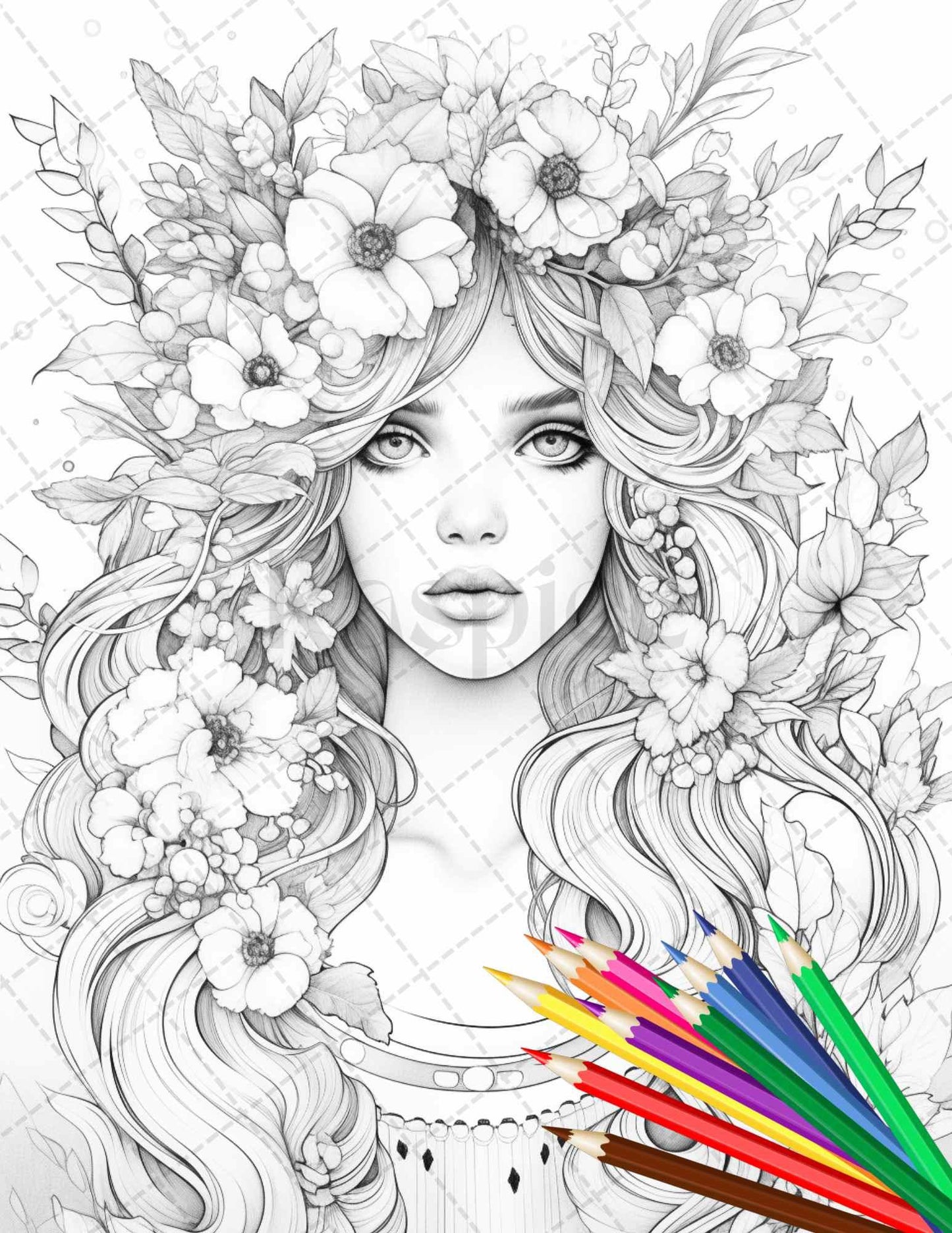 38 Flower Goddess Coloring Pages Printable for Adults, Grayscale Coloring Page, PDF File Instant Download