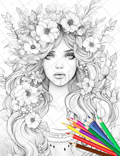 38 Flower Goddess Coloring Pages Printable for Adults, Grayscale Coloring Page, PDF File Instant Download