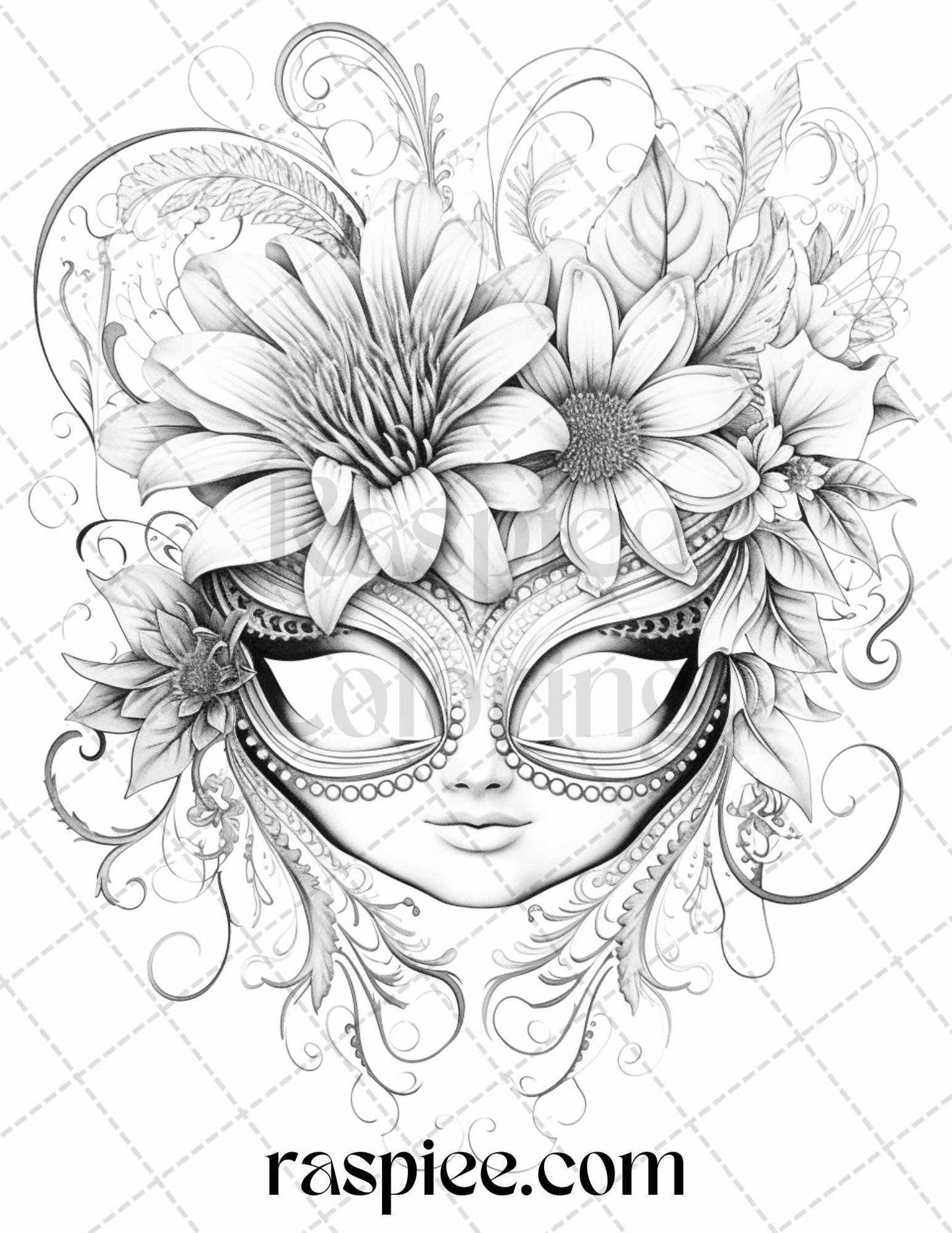 40 Masquerade Masks Grayscale Coloring Pages Printable for Adults, PDF File Instant Download