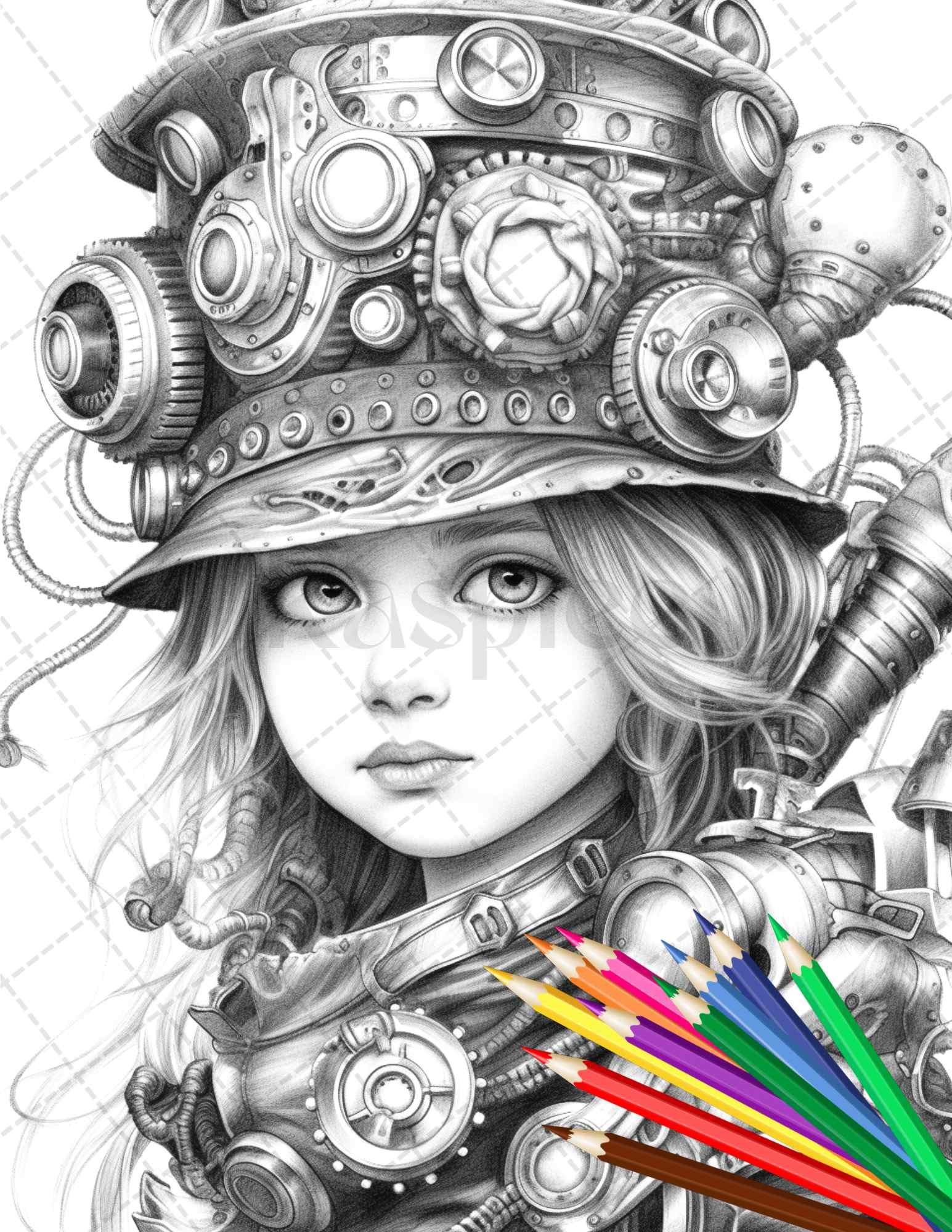 31 Adorable Steampunk Girls Coloring Pages Printable for Adults, Grayscale Coloring Page, PDF File Instant Download