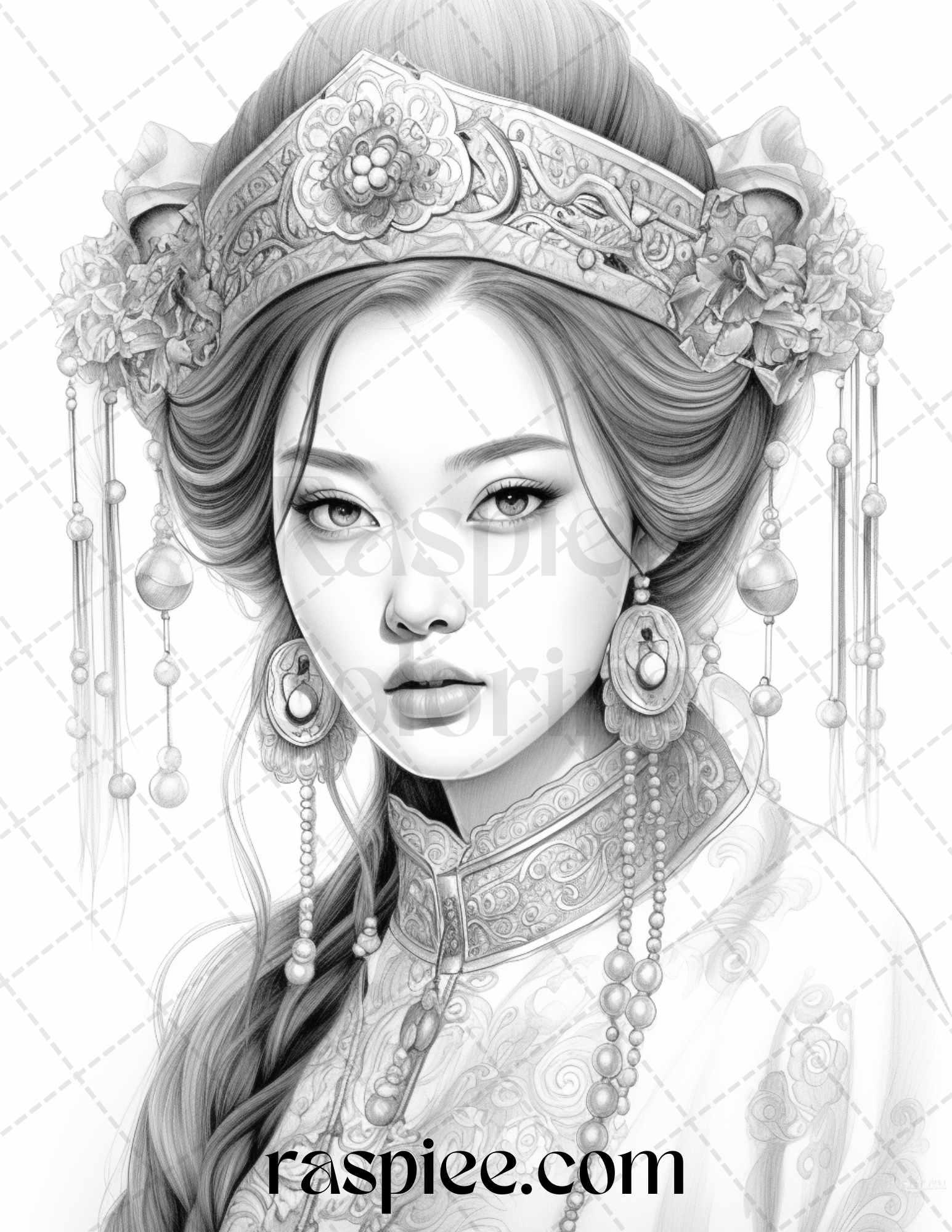 40 Beautiful Chinese Girls Grayscale Coloring Pages for Adults, Printable PDF File Instant Download