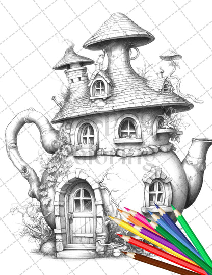 40 Teapot Fairy Houses Grayscale Coloring Pages Printable for Adults, PDF File Instant Download