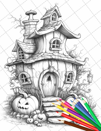 40 Pumpkin Fairy Houses Grayscale Coloring Pages Printable for Adults, PDF File Instant Download