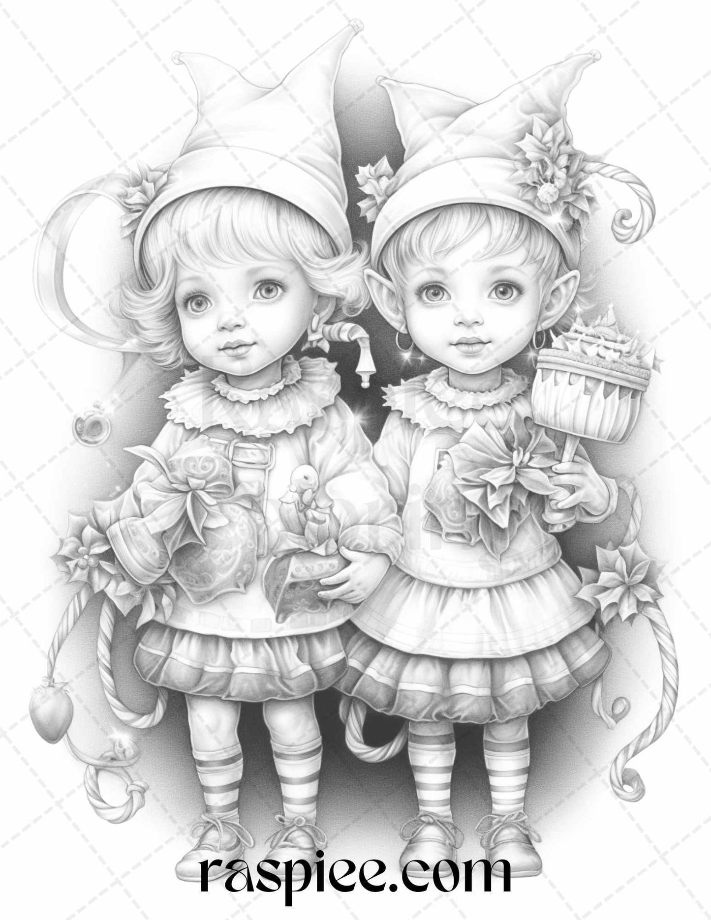 110 Christmas Elves Grayscale Coloring Pages Printable for Adults Kids, PDF File Instant Download