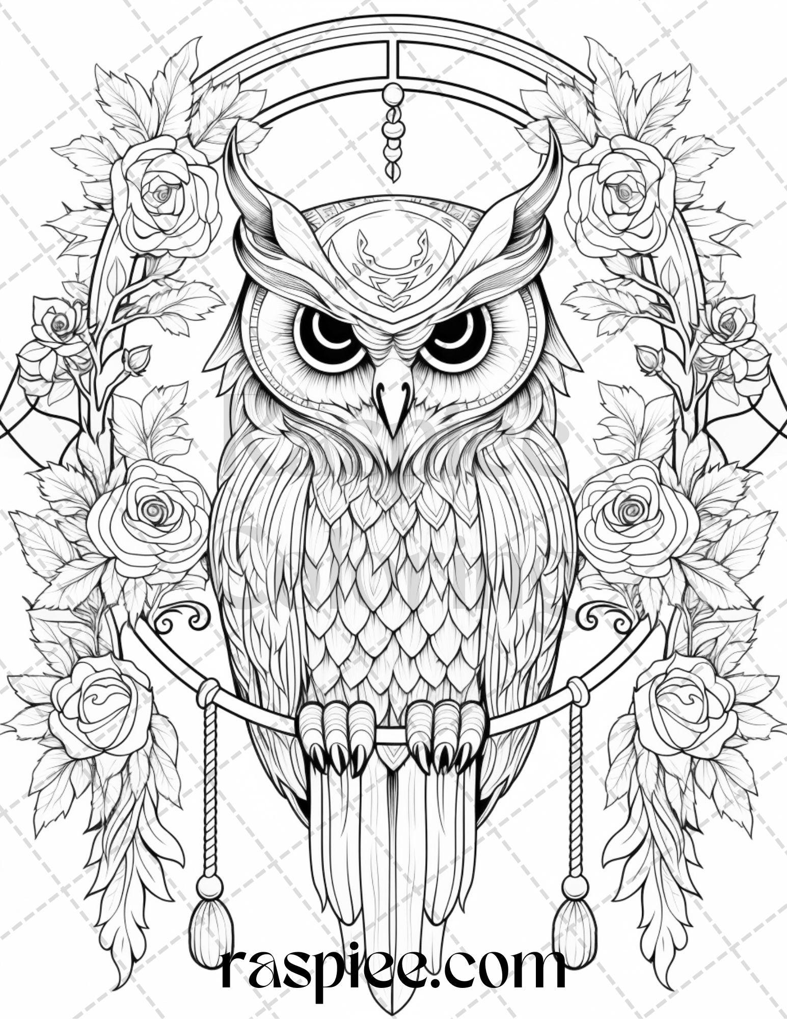 40 Floral Owl Grayscale Printable Coloring Pages for Adults, PDF File Instant Download