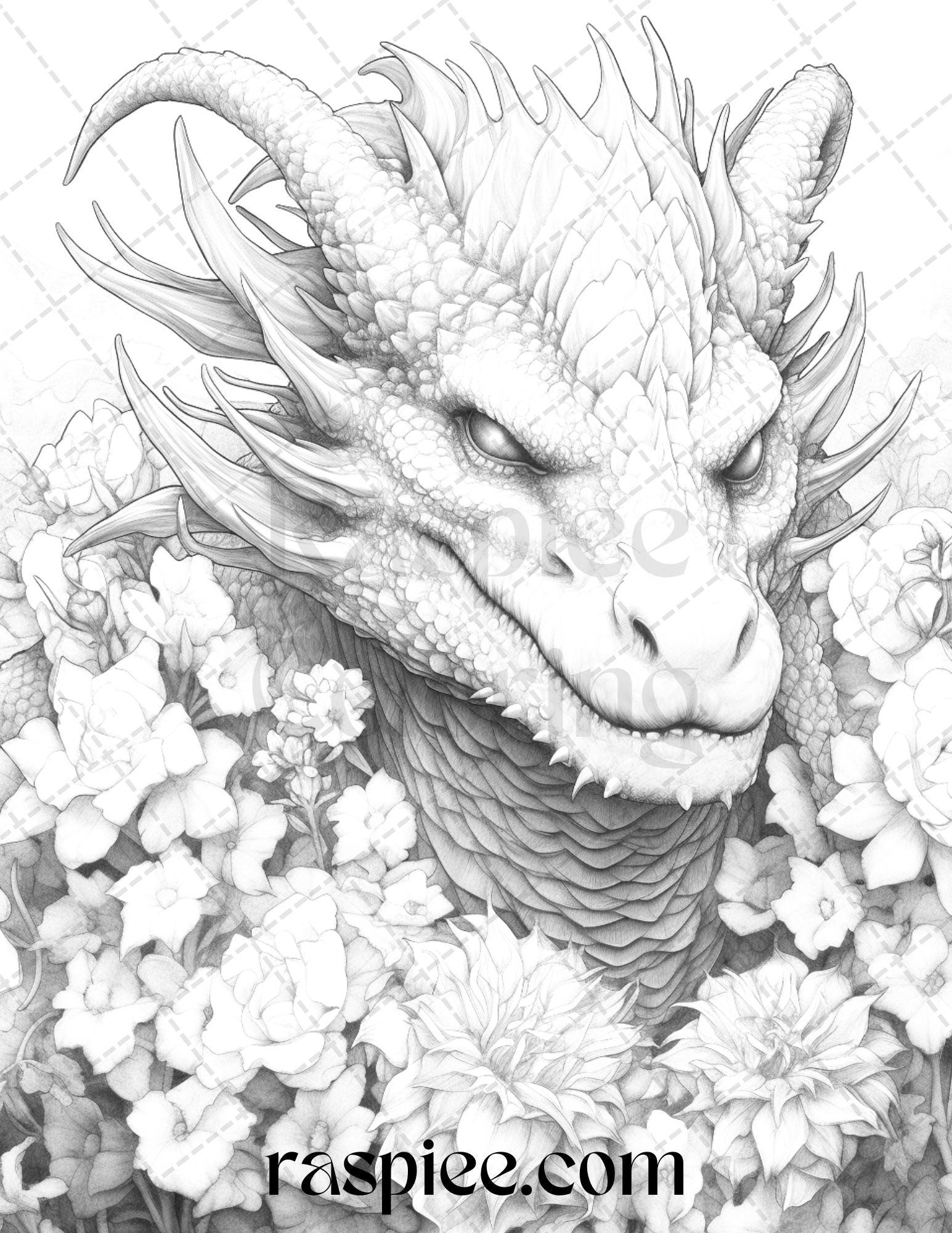 40 Flower Dragon Grayscale Coloring Pages Printable for Adults, PDF File Instant Download