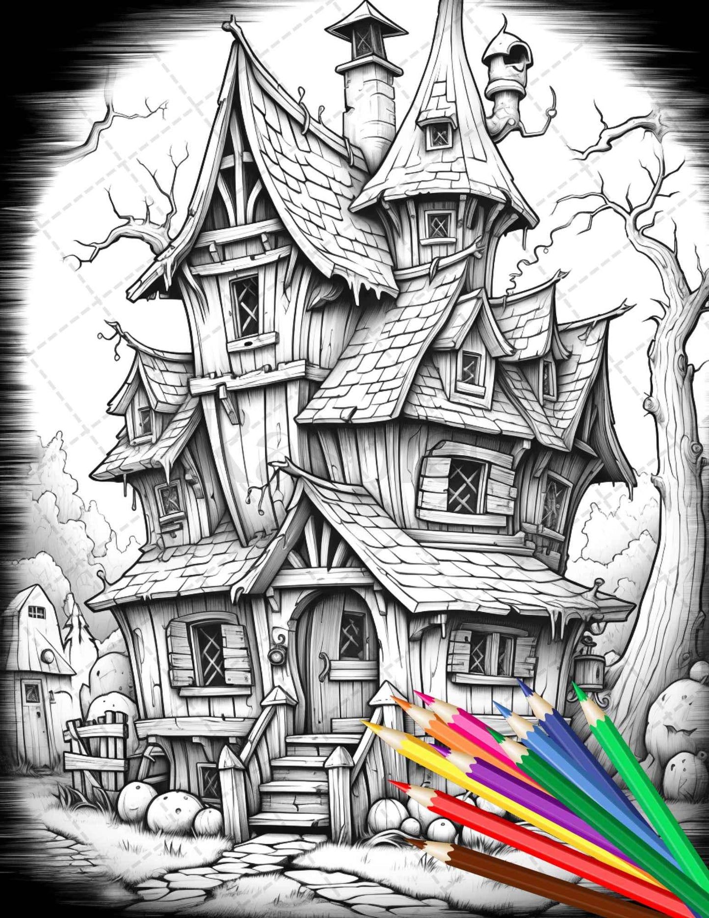 32 Spooky Houses Coloring Pages Printable for Adults, Grayscale Coloring Page, PDF File Instant Download