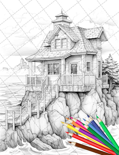 42 Wooden Beach Houses Grayscale Coloring Pages Printable for Adults, PDF File Instant Download