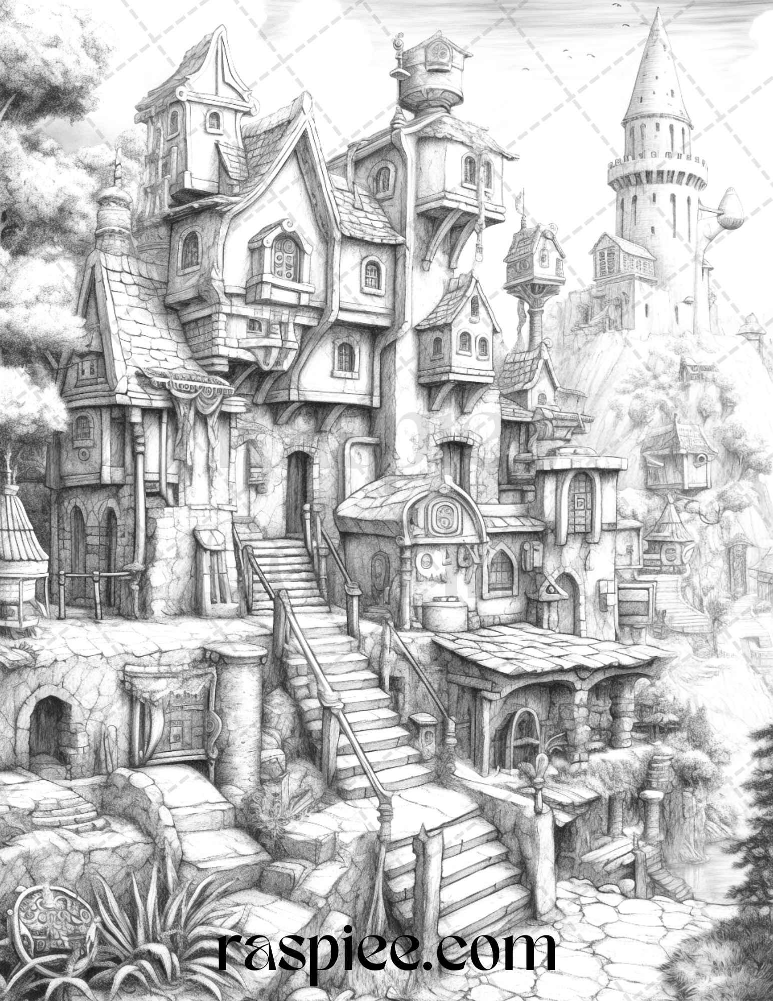 40 Fantasy Village Grayscale Coloring Pages Printable for Adults, PDF File Instant Download