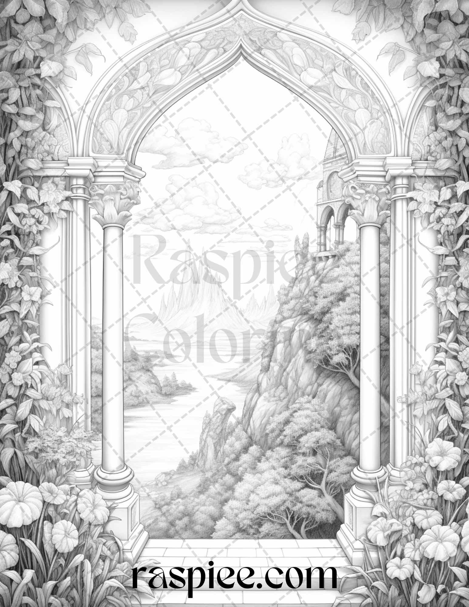 40 Window to Fantasy Worlds Grayscale Coloring Pages Printable for Adults, PDF File Instant Download