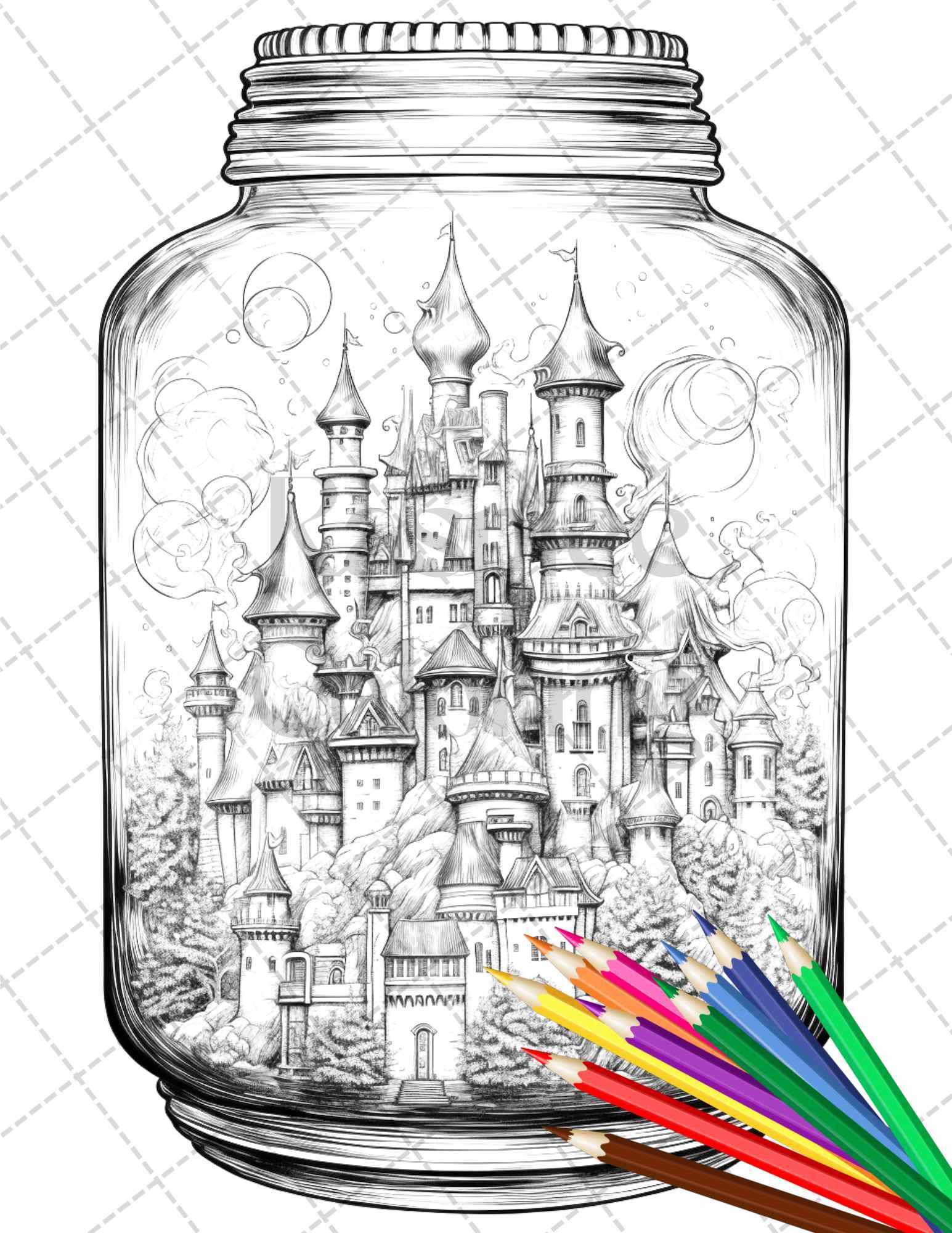 42 Fantasy Castle In Jar Grayscale Coloring Pages Printable for Adults, PDF File Instant Download