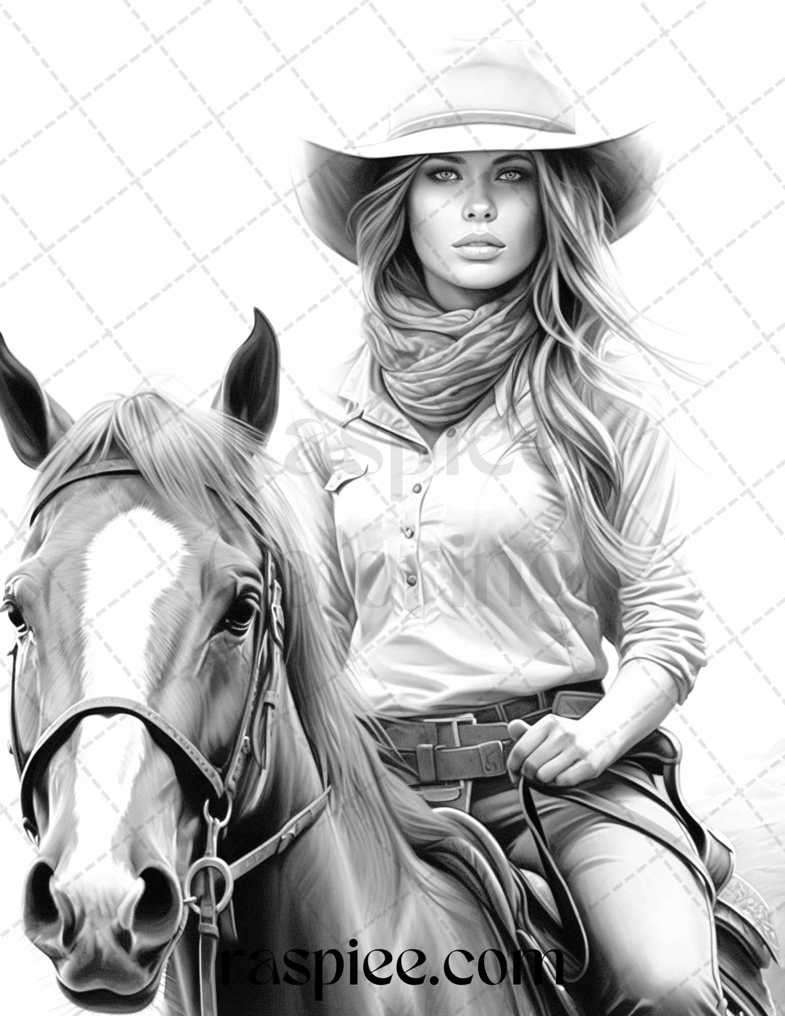 40 Beautiful Cowgirls Grayscale Coloring Pages Printable for Adults, PDF File Instant Download