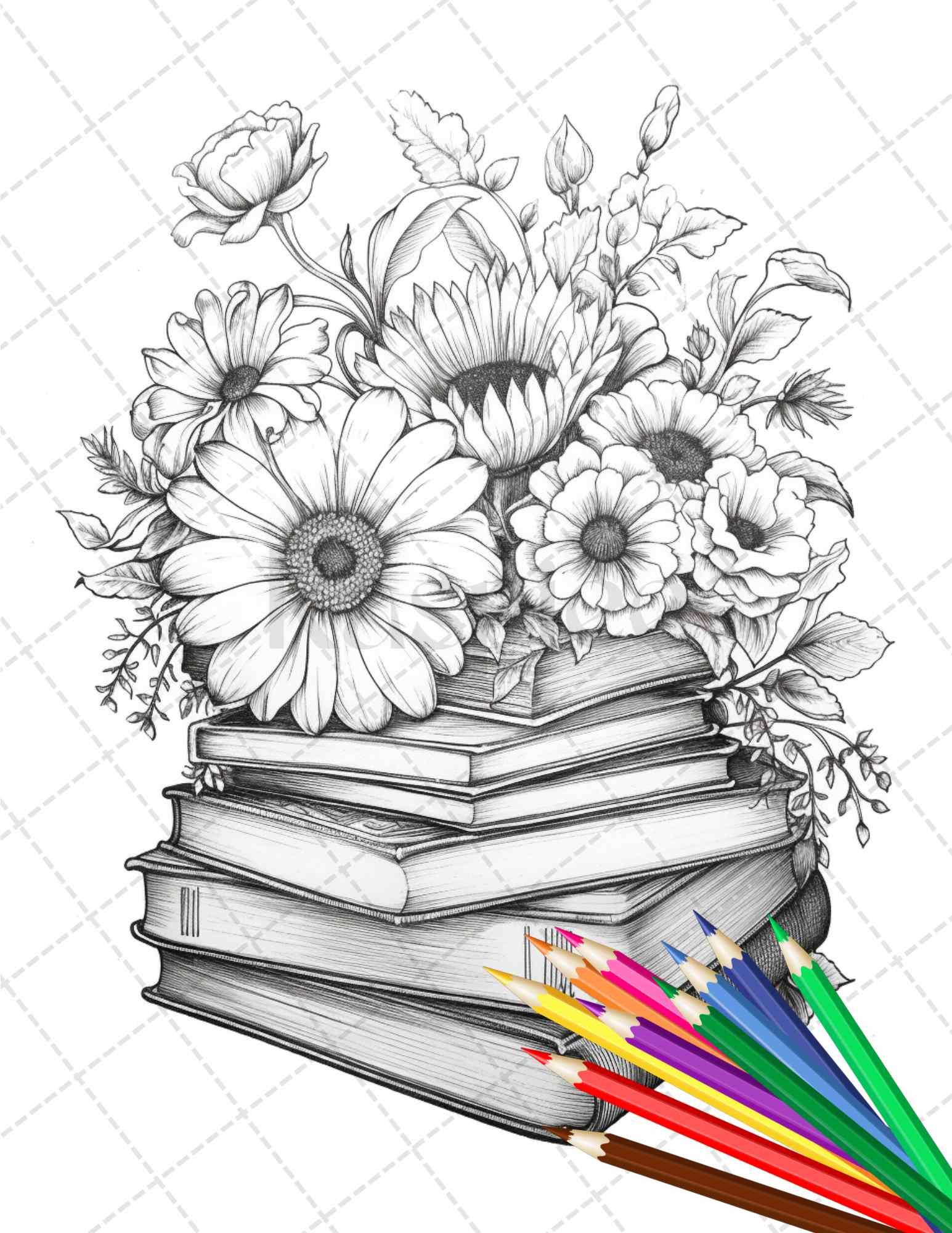 31 Book Flowers Coloring Pages Printable for Adults, Grayscale Coloring Page, PDF File Instant Download