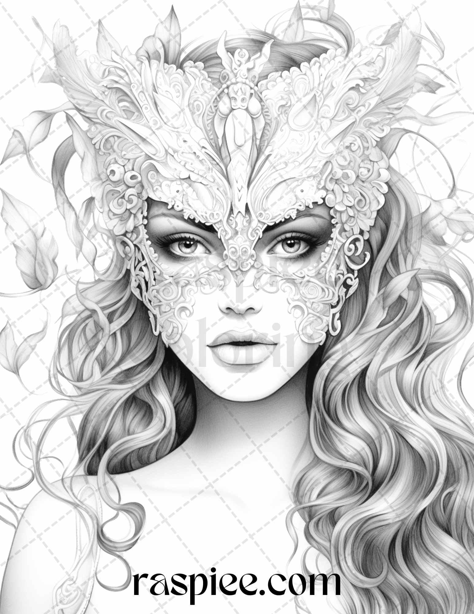 40 Masquerade Girls Grayscale Coloring Pages Printable for Adults, PDF File Instant Download