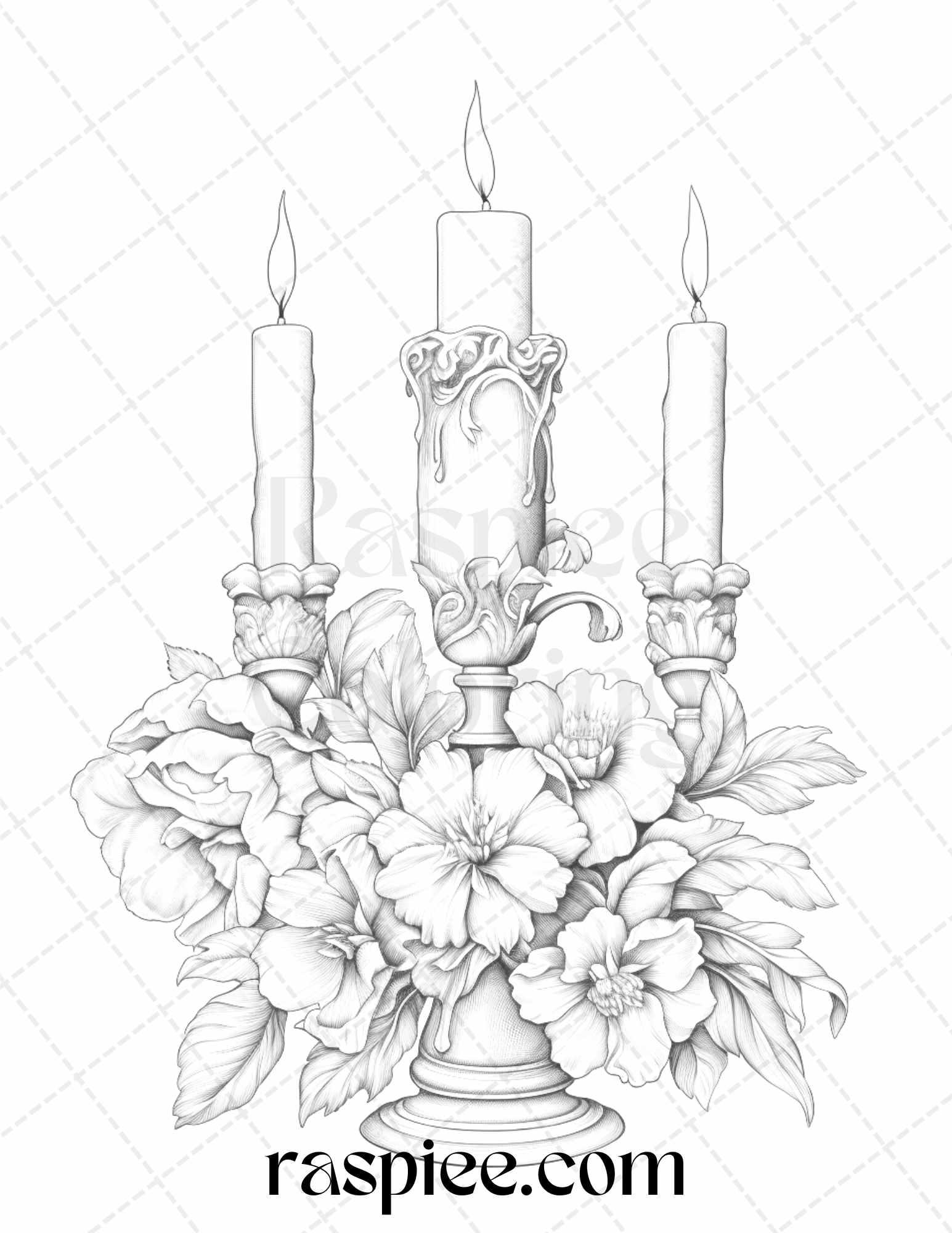 40 Flower Candles Grayscale Coloring Pages Printable for Adults, PDF File Instant Download