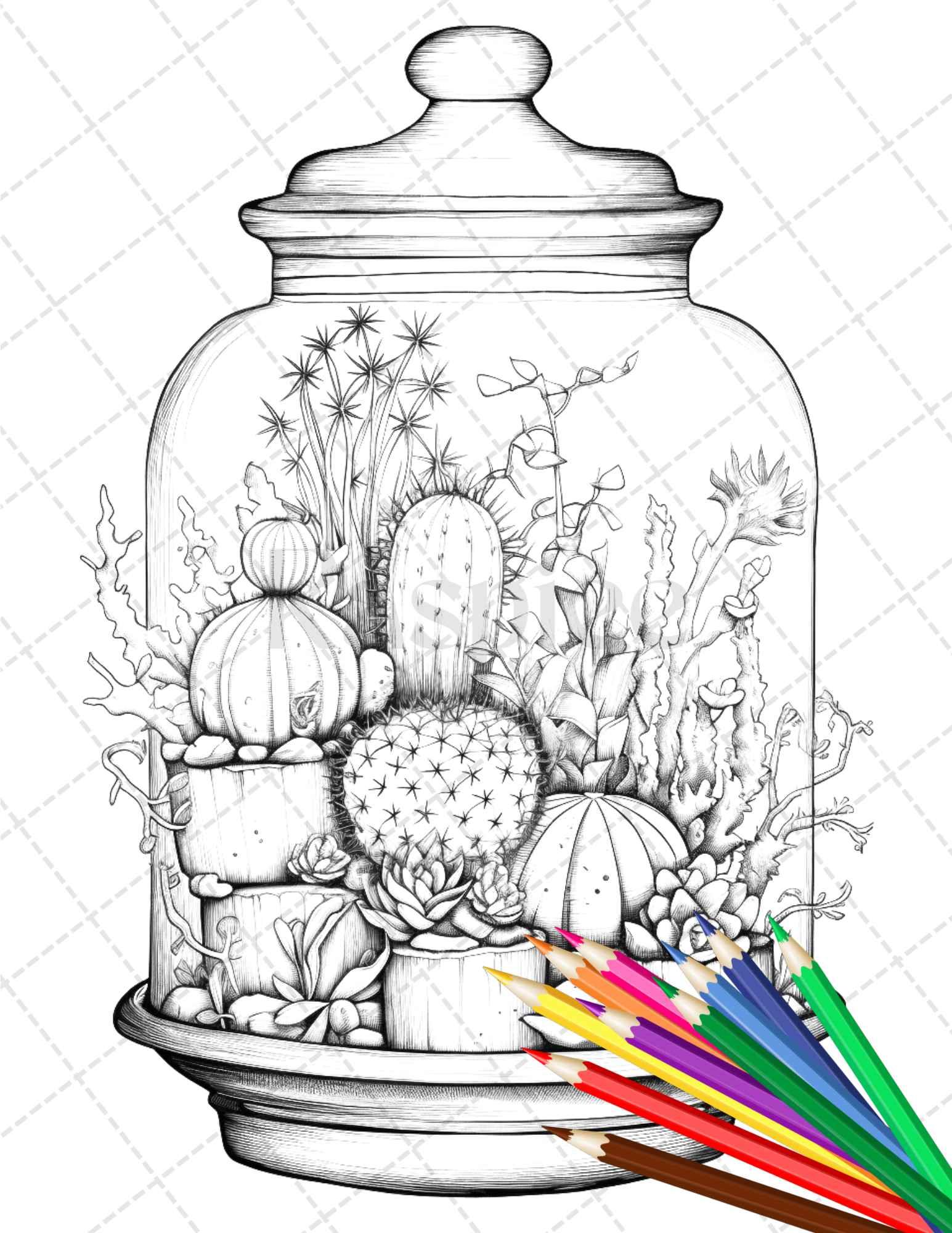 34 Enchanted Terrarium Grayscale Coloring Pages Printable for Adults, PDF File Instant Download