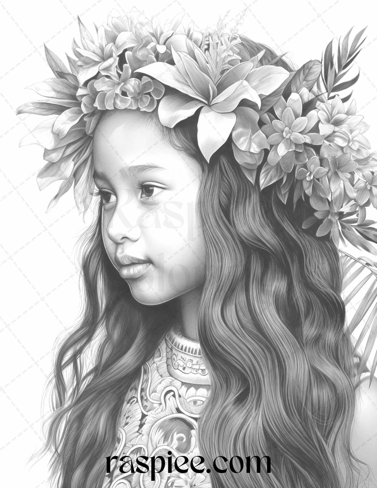 40 Hawaiian Girls Grayscale Coloring Pages Printable for Adults, PDF File Instant Download