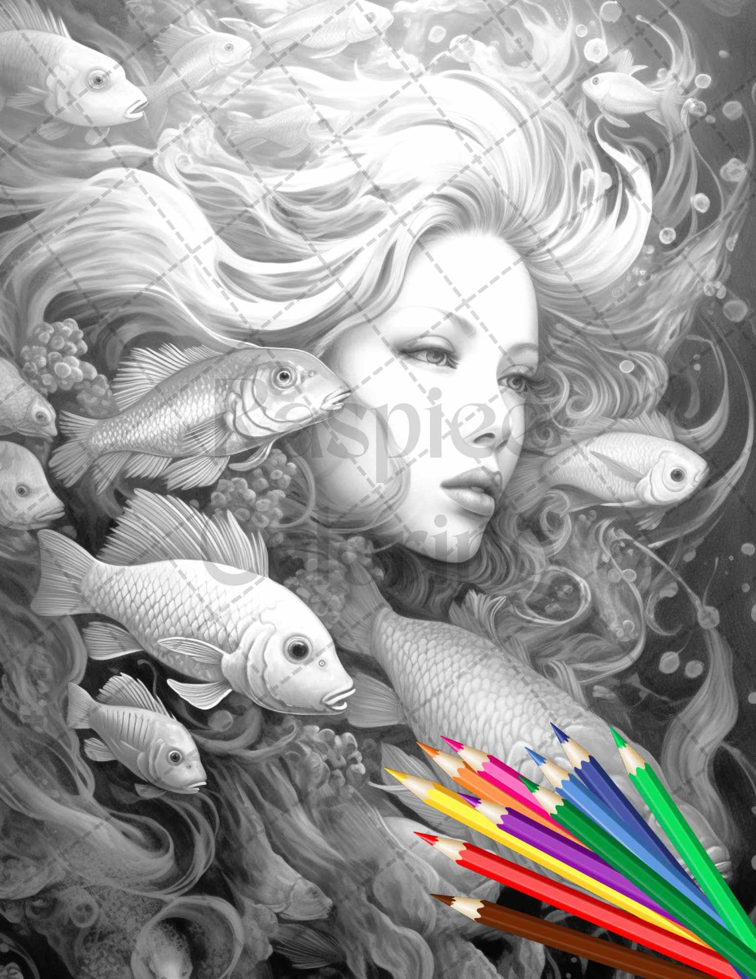 40 Enchanted Mermaid Grayscale Coloring Pages Printable for Adults, PDF File Instant Download