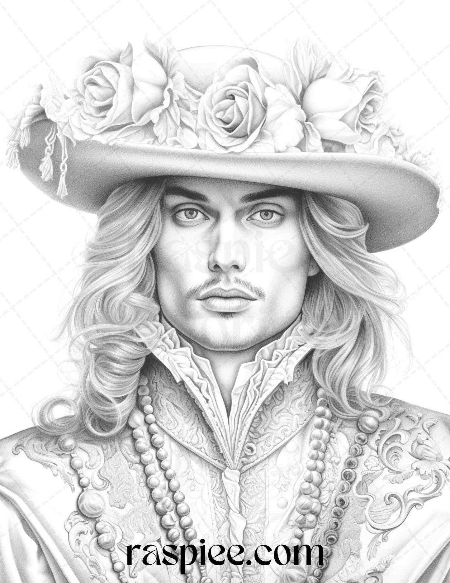 50 Baroque Man Portrait Grayscale Graysale Coloring Pages Printable for Adults, PDF File Instant Download