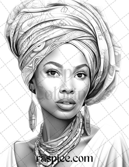 40 Beautiful African Women Grayscale Coloring Pages Printable for Adults, PDF File Instant Download