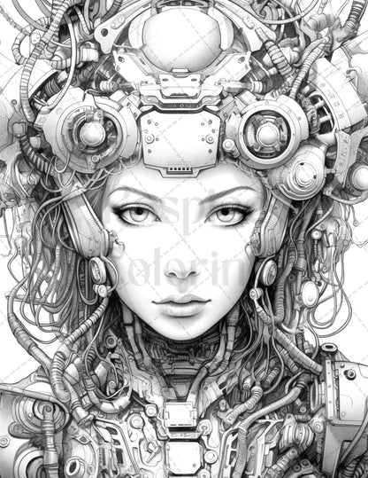 40 Beautiful Cyborg Girls Grayscale Coloring Pages Printable for Adults, PDF File Instant Download