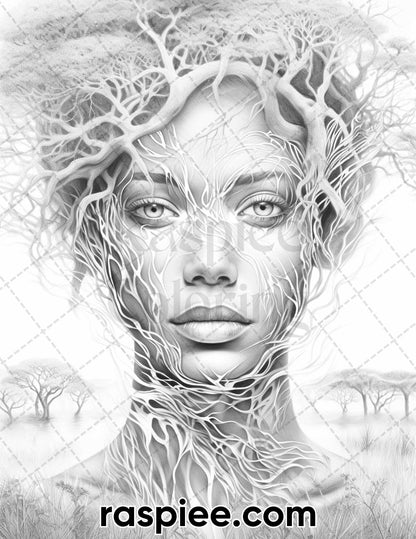 60 Nature Fusion Portrait Grayscale Adult Coloring Pages, Printable PDF Instant Download