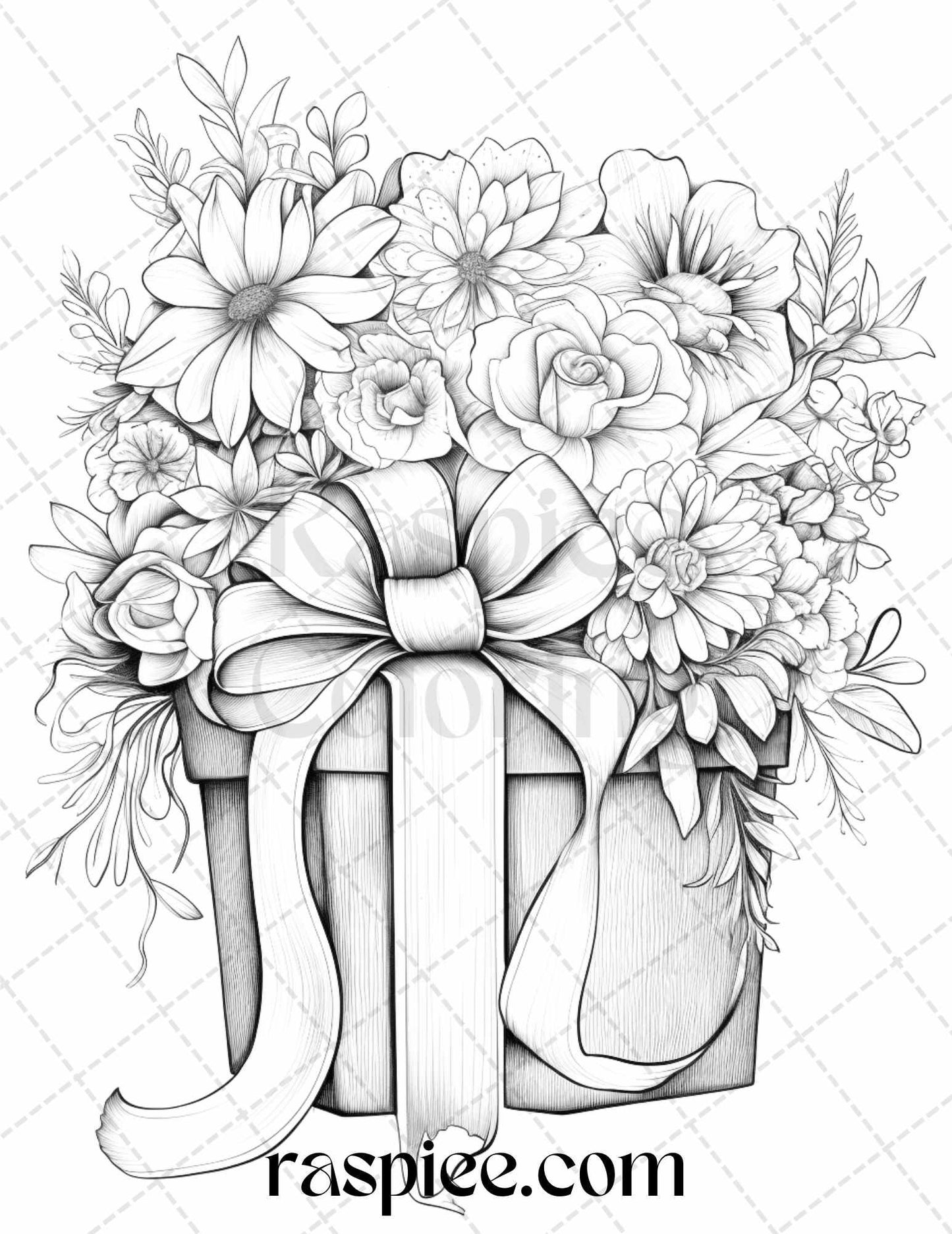 40 Flower Gift Box Grayscale Coloring Pages Printable for Adults Kids, PDF File Instant Download