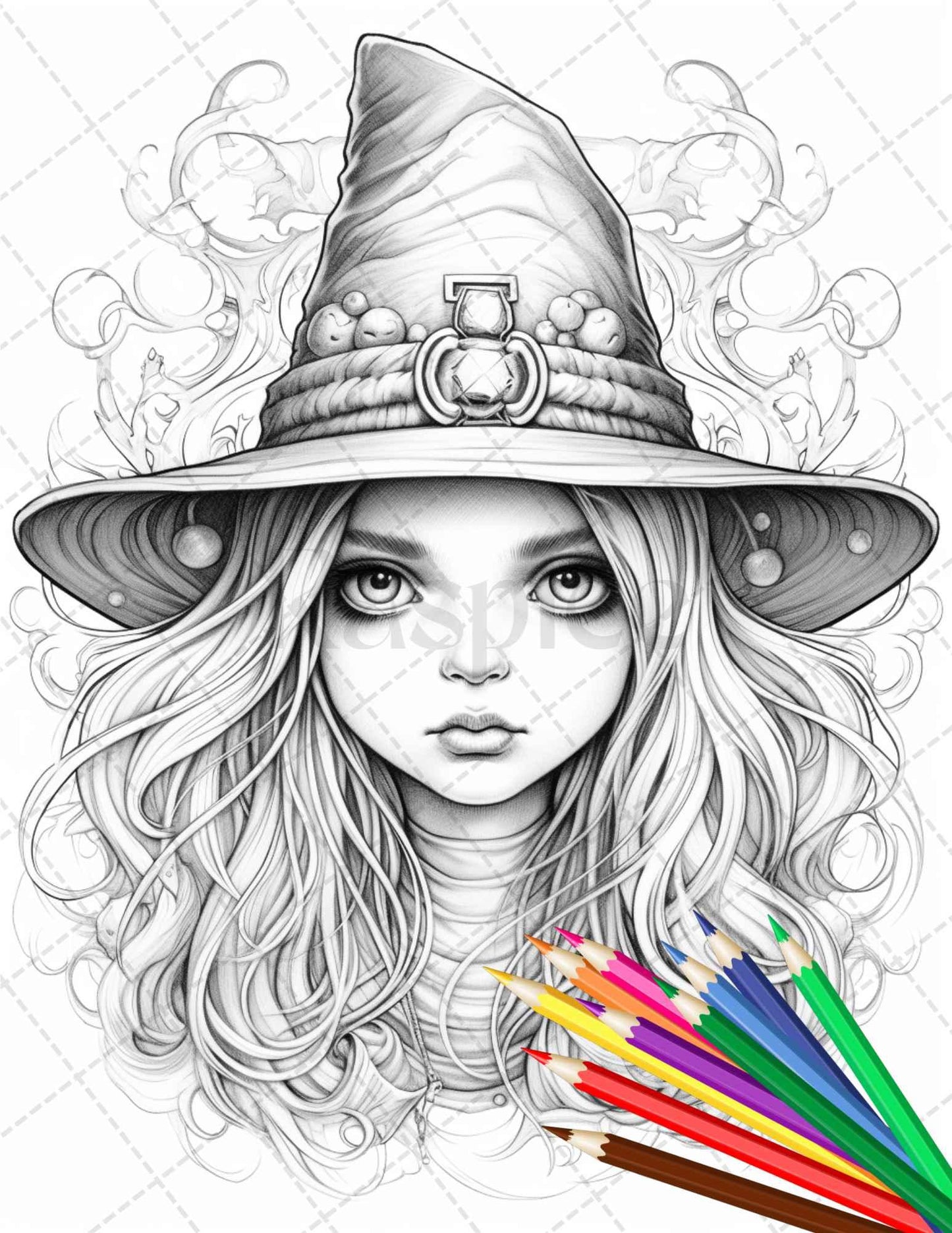 40 Cute Witches Coloring Pages Printable for Adults, Grayscale Coloring Page, PDF File Instant Download