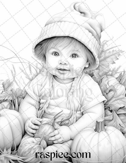 40 Pumpkin Babies Grayscale Coloring Pages for Adults and Kids, Printable PDF File Instant Download