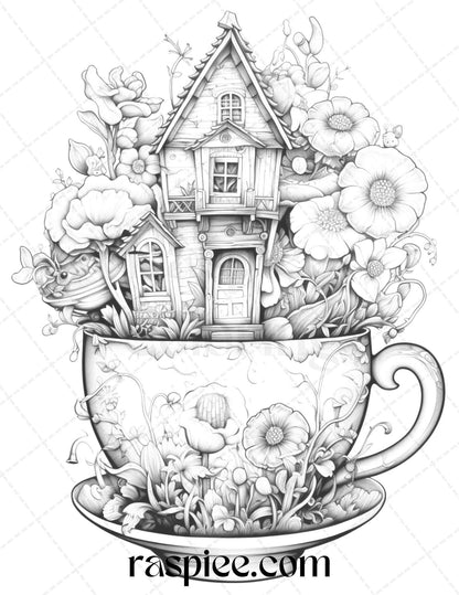 40 Flower Teacup Fairy Houses Grayscale Coloring Pages Printable for Adults, PDF File Instant Download