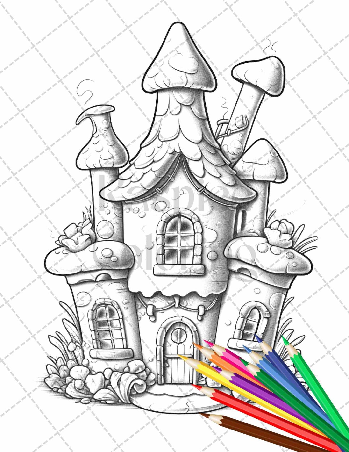 50 Adorable Cake Houses Grayscale Coloring Pages Printable for Adults and Kids, PDF File Instant Download