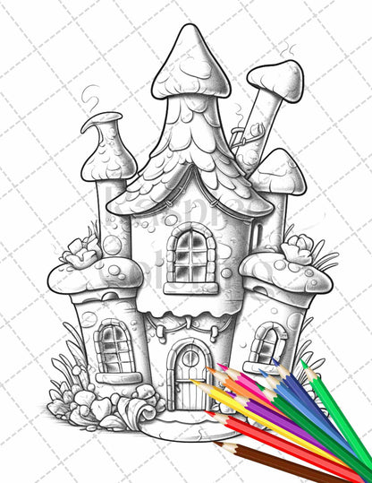 50 Adorable Cake Houses Grayscale Coloring Pages Printable for Adults and Kids, PDF File Instant Download