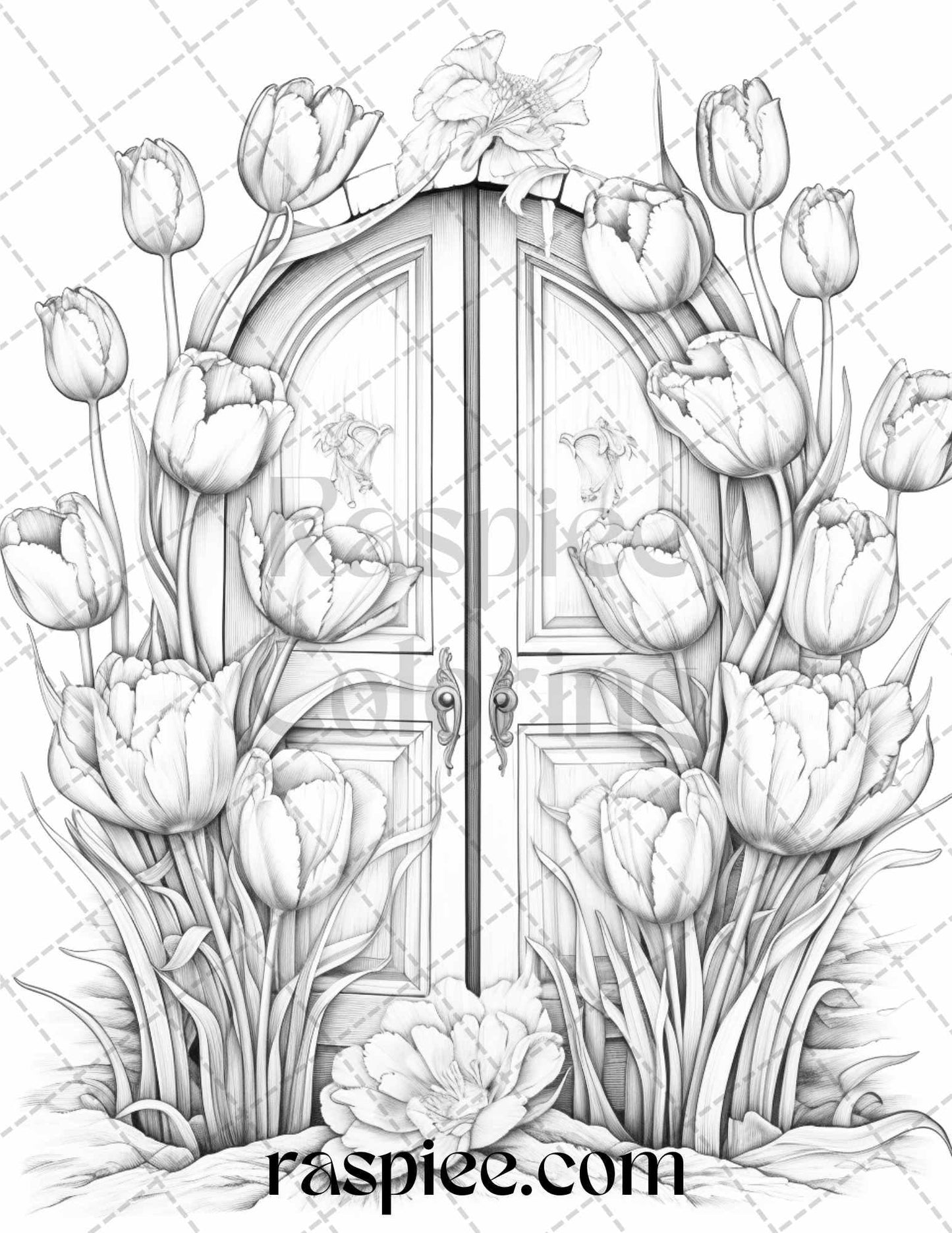 40 Flower Fairy Doors Grayscale Coloring Pages Printable for Adults, PDF File Instant Download