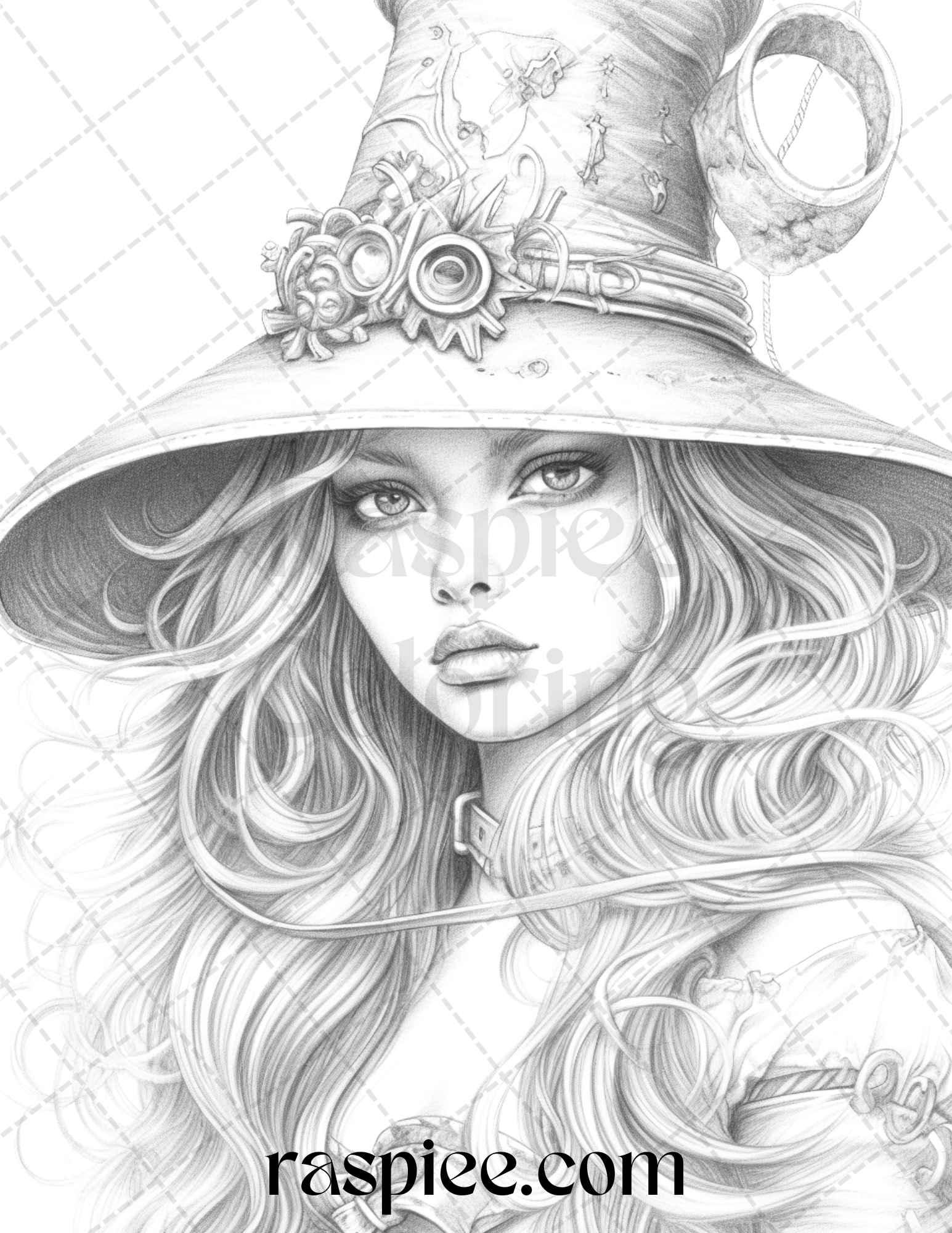 40 Beautiful Witches Grayscale Coloring Pages Printable for Adults, PDF File Instant Download