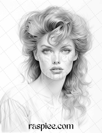 1980s Retro Beautiful Women Grayscale Coloring Pages for Adults, PDF File Instant Download