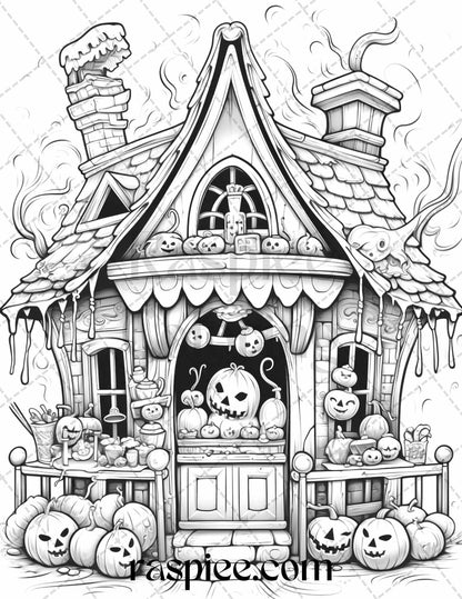 40 Halloween Creepy Kawaii Grayscale Coloring Pages for Adults and Kids, Printable PDF File Instant Download