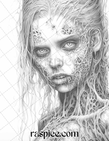 40 Scary Zombie Girls Grayscale Coloring Pages Printable for Adults, PDF File Instant Download