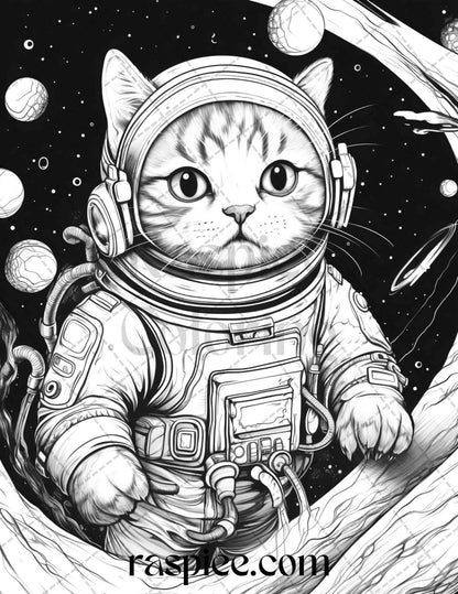 40 Cat Astronaut Grayscale Coloring Pages Printable for Adults Kids, PDF File Instant Download