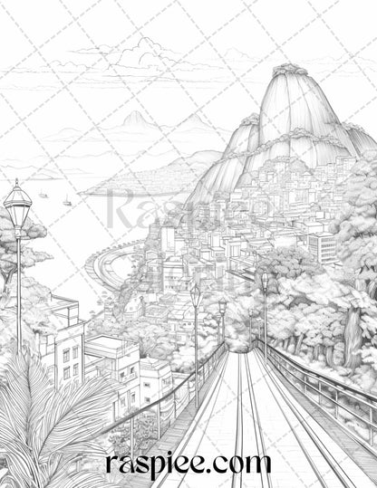 40 Beautiful Cities Travel Grayscale Coloring Pages Printable for Adults, PDF File Instant Download