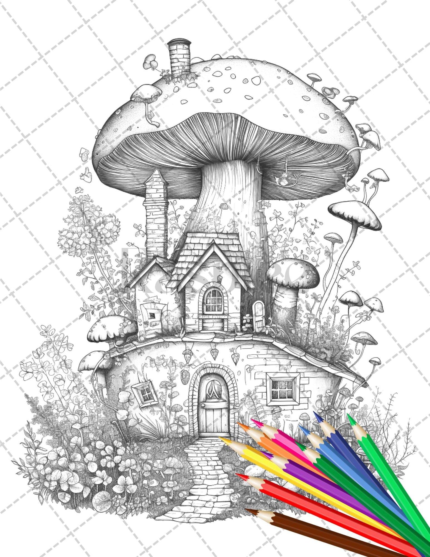 32 Whimsical Mushroom House Coloring Pages for Adults, Grayscale Coloring Book, Printable PDF File Download