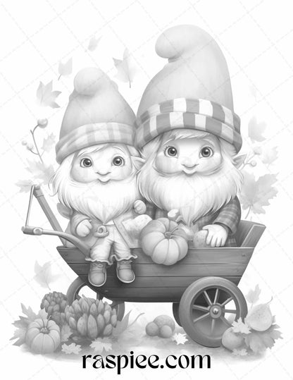 40 Fall Gnomes Grayscale Coloring Pages Printable for Adults Kids, PDF File Instant Download