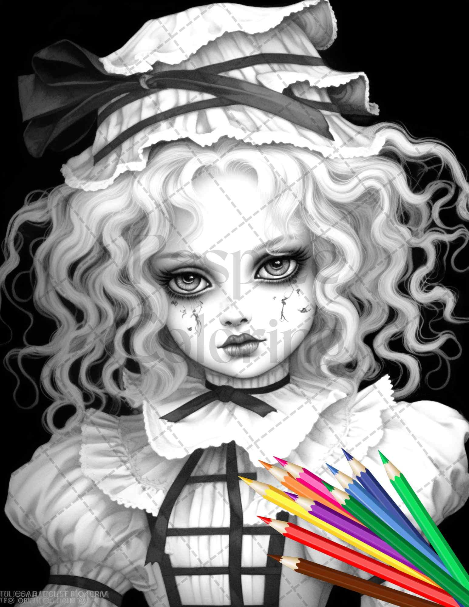 40 Creepy Porcelain Dolls Grayscale Coloring Pages for Adults, PDF File Instant Download