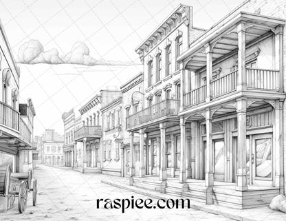 40 Wild West Towns Grayscale Coloring Pages Printable for Adults, PDF File Instant Download