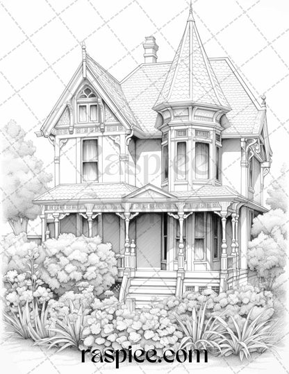 40 Victorian Houses Grayscale Coloring Pages Printable for Adults, PDF File Instant Download